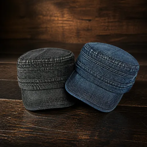 Washed Denim Cadet Cap Flat Top Military Hat Adjustable Retro Vintage Sun Protection Cotton Unisex Casual Headwear