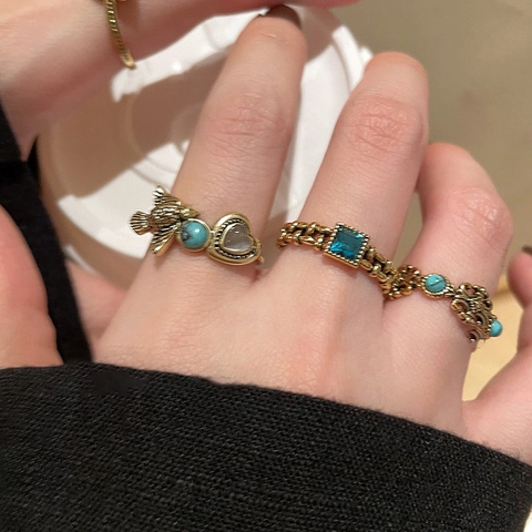 Vintage Open Adjustable Ring Copper Blue Square Stone Bohemian Ethnic Style Jewelry For Women