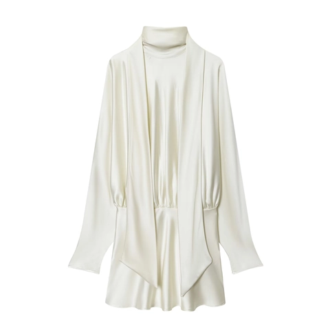 Vestito Mini Elegante Donna In Raso Di Acetato Setoso Con Sciarpa Fiocco Collo Alto Maniche Lunghe Cerniera Party Cocktail Chic