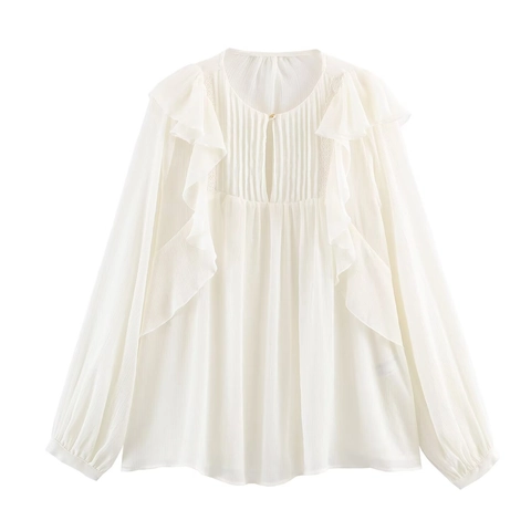 Women Ruffle Chiffon Blouse Long Sleeve Pleated Layered French Style Elegant Solid Color White Shirt Office Top