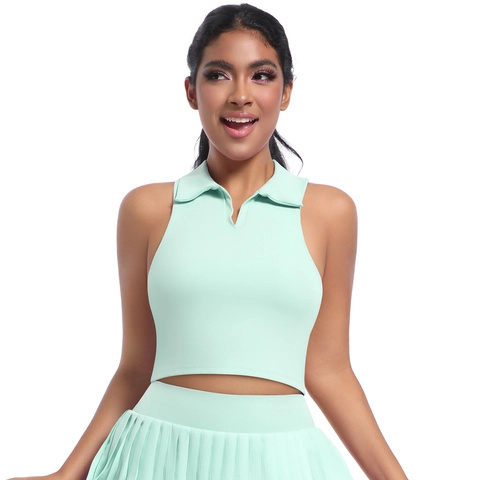 Damen Ärmelloses Polo Crop Top Und Plissee Tennisrock Nylon Spandex Atmungsaktiv Yoga Gym Laufen Sportbekleidung