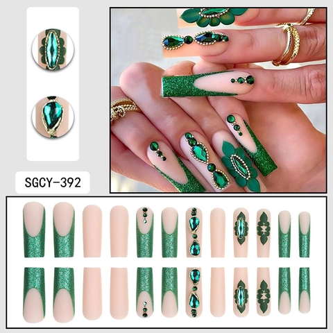 Emerald Green Press On Nails Long Coffin False Nails With Glitter French Tip 3D Flower Rhinestones Artificial Pearl Luxury Style