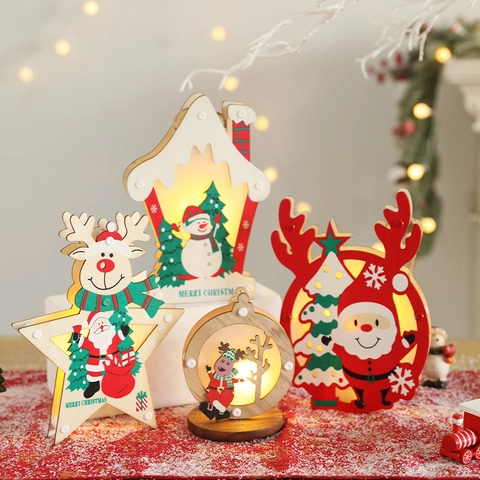 Weihnachts Holz LED Ornamente Leuchtende Tischdeko Weihnachtsmann Schneemann Rentier Festliche Haus Party Dekoration