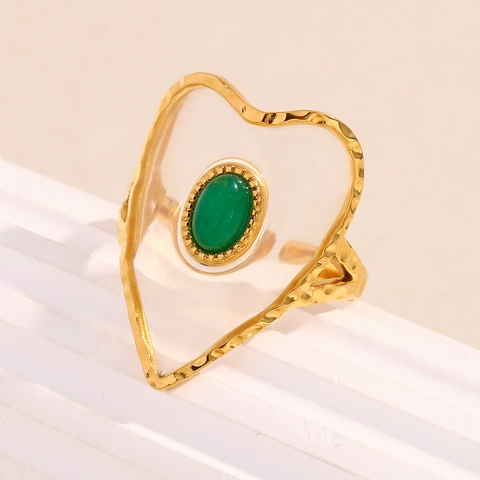 Herz Offener Ring Edelstahl 18K Vergoldet Grün Acryl Smaragdstein Verstellbar Modeschmuck Für Damen