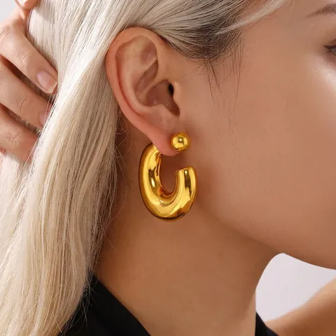 Minimalist Stainless Steel C-Shaped Ball Stud Earrings For Women PVD 18K Gold Plated Hollow Geometric Hoop Earrings Jewelry