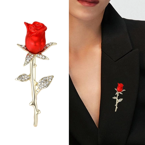 Spilla A Fiore Rosa Rossa Con Strass Lega Smalto Stelo Dorato Vintage Elegante Gioielli Da Revers Per Donna