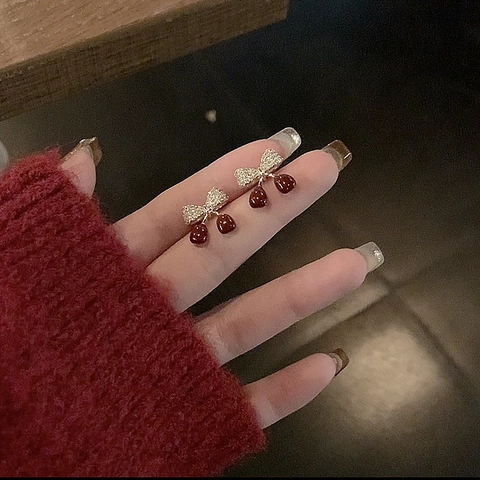 Orecchini Ciliegia Fiocco Zircone Con Perno Argento Rame Placcato Oro Vero Rosso Gioielli Moda Donna