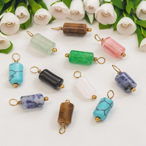 Natural Gemstone Cylinder Charms Pendants With Gold Alloy Loops For DIY Jewelry Making Earrings Necklaces Vintage Style