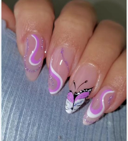 Press On Nails Paarse Vlinder Golvende Lijnen Glitter Lange Amandelvorm Kunstnagels Waterdruppel Ontwerp