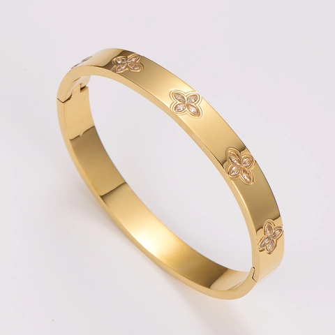Bangle Bracelet 324 Stainless Steel Zircon Four-Leaf Clover Flower Inlaid Hinge Buckle Luxury Minimalist Jewelry For Women