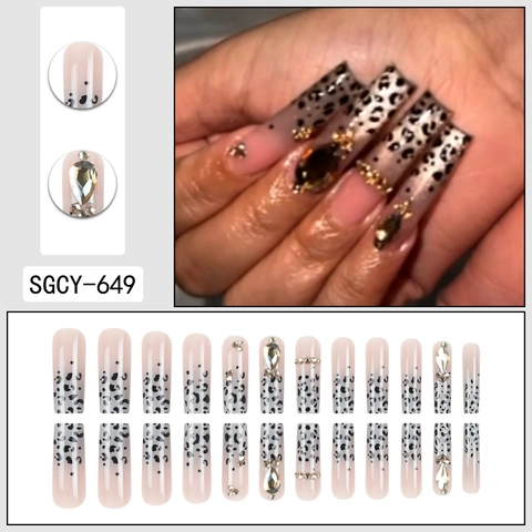 Unghie Finte Lunghe A Bara Design Leopardato Con Strass Lusso Lucido Rosa Nudo Unghie Artificiali Per Donne