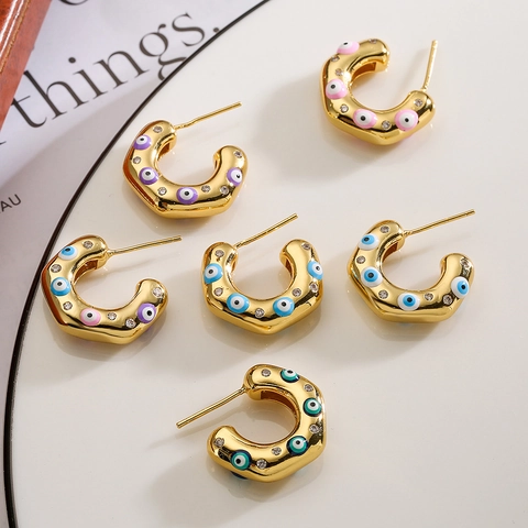 Evil Eye C-Form Creolen Gold Vergoldetes Kupfer Bunte Emaille Mikroeinlage Zirkon Geometrisch Ins Stil Für Damen