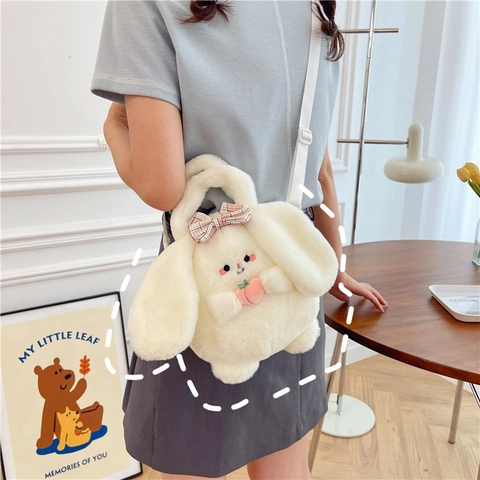 Cute Plush Animal Crossbody Bag Peach Rabbit Avocado Cat Soft Stuffed Doll Handbag Gift For Girls Women