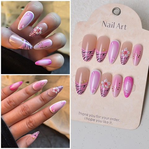 Almond Press On Nails Rosa Farbverlauf Zebramuster 3D Blumen Strass Lange Französische Elegante Maniküre Für Frauen