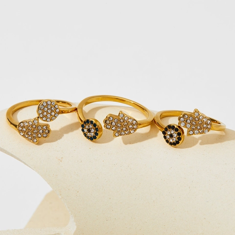 Anillo Mano Di Fatima Occhio Del Diavolo Acciaio Inossidabile Placcato Oro Strass Regolabile Moda Boho Per Donna