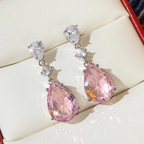 Eleganti Orecchini Pendenti In Zircone Rosa Forma A Pera Goccia D'acqua Gioielli In Rame Per Donne Stile Dolce