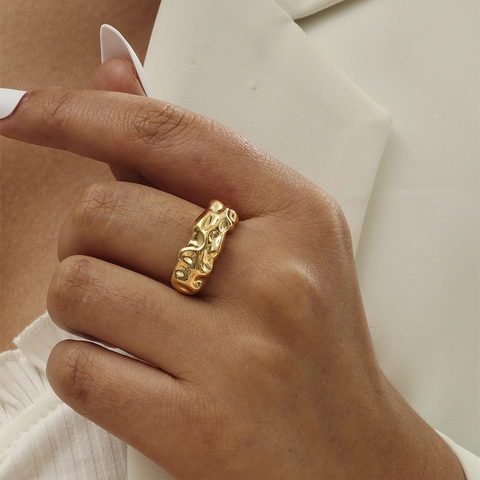 Anello Aperto in Ottone Placcato Oro Vintage Texture Lavica Pieghettato Irregolare Regolabile Anello da Dito per Donna Gioielli Minimalisti alla Moda