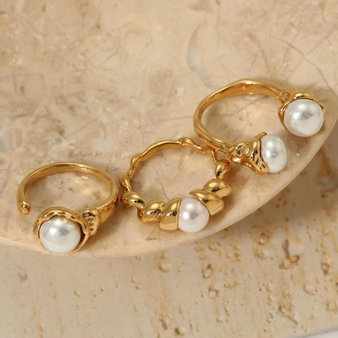 Anillos De Acero Inoxidable Con Perlas Artificiales De Concha Para Mujer Ajustables Textura De Lava Espiral Retorcida Joyas Retro