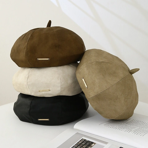 Vintage Beret Hat Women PU Leather Faux Suede Retro French Style Autumn Winter Warm Fashion Accessory Solid Color
