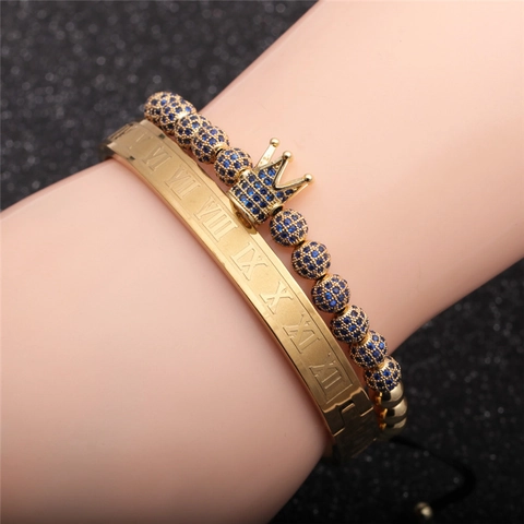 Herren Armband Armreif Römische Ziffern Edelstahl Legierung Blauer Zirkon Krone Verstellbar Luxus Mode Schmuck Accessoire