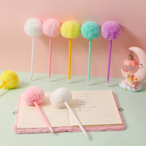 Cute Plush Ball Ballpoint Pen Faux Fur Pom Pom Decorative Plastic Writing Stationery For School Office Student Kawaii Gift