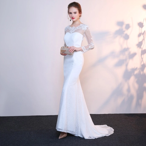 Robe De Mariée Sirène En Dentelle Manches Longues Dos Nu Encolure Illusion Élégante Robe De Bal Blanche Longue Soirée