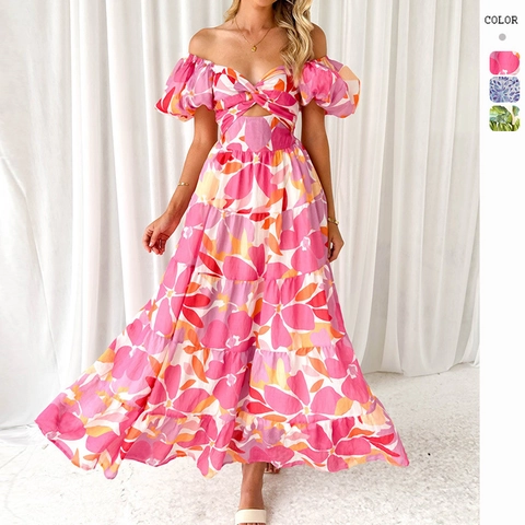 Floral Maxi Dress Polyester Off The Shoulder Puff Sleeve Cutout Twist Front Tiered Cake Skirt Vacation Beach Summer