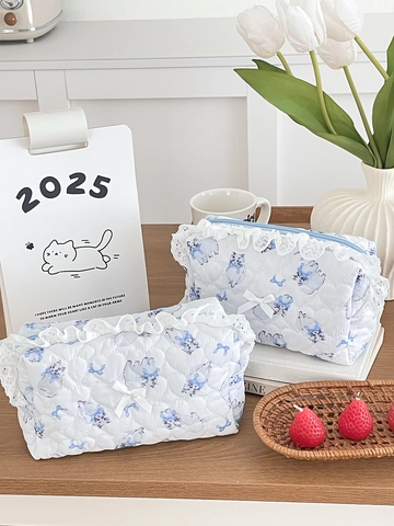 Quilted Cotton Makeup Bag With Blue Cat Bow Print Lace Trim Heart Pattern Zipper Cosmetic Pouch Travel Organizer For Women