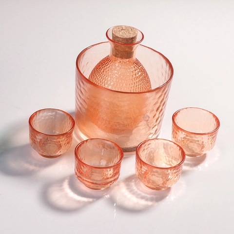 Japanese Style Hammered Glass Sake Carafe And Cups Peacock Blue Amber Gradient Wine Warmer Pot Home Bar