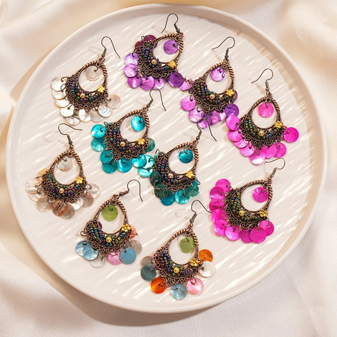 Bohemian Drop Earrings Vintage Ethnic Alloy Shell Water Drop Shape Hollow Jewelry With Stainless Steel Earring Post