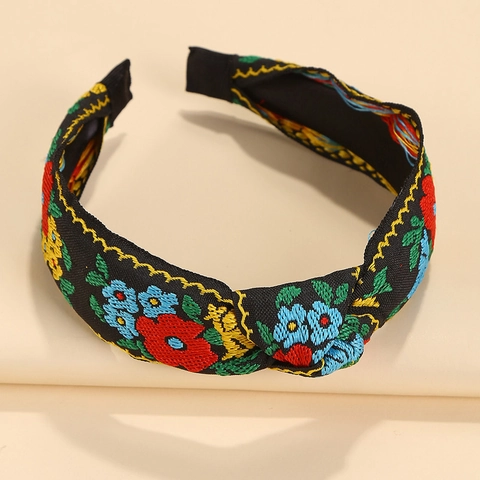 Ethnic Floral Embroidered Knot Headband Bohemian Retro Fabric Wide Hair Band Fashion Women Hair Accessories