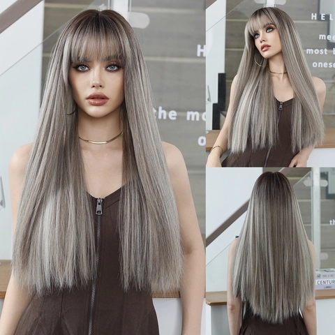 Parrucca Lunga Liscia Da Donna Con Frangia Fibra Sintetica Resistente Al Calore Ombre Look Naturale Cosplay