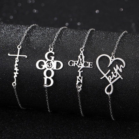 Pulsera De Acero Inoxidable Cruz Corazón Faith Amazing Grace God Is Good Letra Colgante Cadena Pulida Joyería Unisex