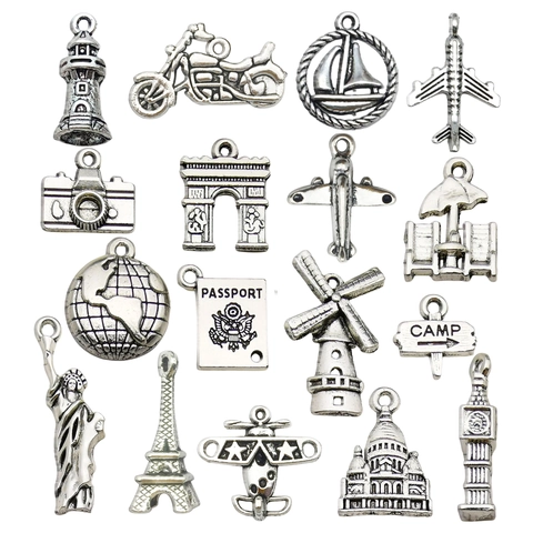 Travel Theme Charms Zinc Alloy Antique Silver Style Landmark Airplane Camera Shapes DIY Jewelry Making Keychain Pendant