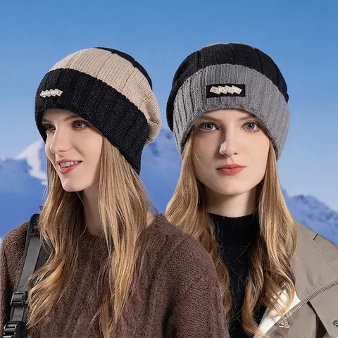 Gorro De Punto De Invierno Acrílico Suave Cálido Rayas Bloque De Color Decoración De Parche Esquí Al Aire Libre Hombres Mujeres
