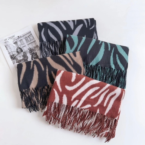 Zebra Print Scarf Faux Cashmere Warm Winter Shawl With Tassels Striped Animal Pattern Soft Elegant Wrap For Women
