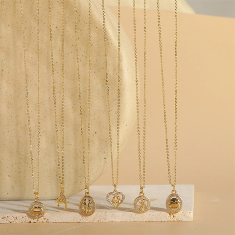 Franse Retro Hanger Ketting 14K Verguld Koper En Zirkonia Hart Glimlach Vogel Engel Lippen Sieraden Voor Dames