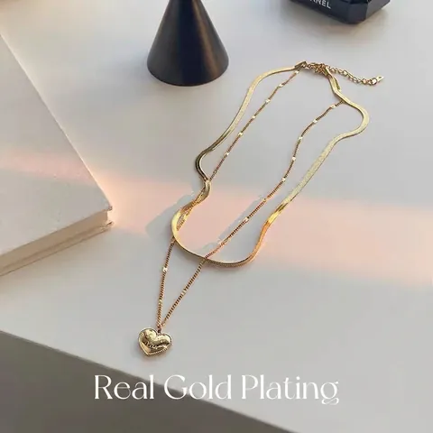 Double Layer Necklace Heart Pendant Titanium Steel 18K Gold Plated Love You Engraved Snake Chain Jewelry For Women