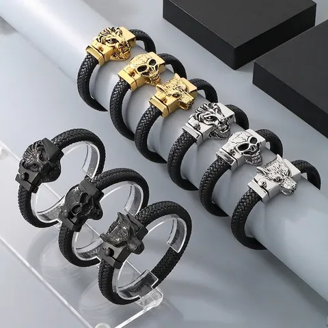 Men's Braided Leather Bracelet With Stainless Steel Wolf Skull Lion Head Punk Style Rock Biker Jewelry For Men