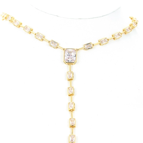 Y Shaped Tassel Necklace Copper Micro Set Zircon Hip Hop Square Cut Stone Clavicle Chain For Women Elegant Party Jewelry