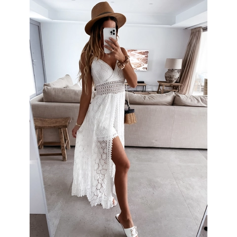 Damen Sexy Spitze Hohl Jumpsuit Mit Geschlitztem Langem Rock Overlay Böhmischer Urlaub Spaghettiträger Romper Patchwork Set