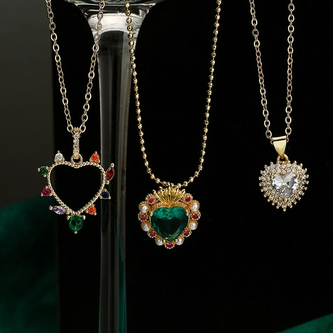 Exquisite Copper Heart Pendant Necklace With Zirconia Artificial Pearl Gold Plated Elegant Clavicle Chain Jewelry For Women