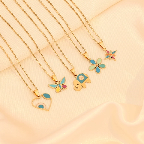 Edelstahl Halskette Mit Buntem Emaille Schmetterling Elefant Hamsa Hand Evil Eye Anhänger Schmuck Für Damen