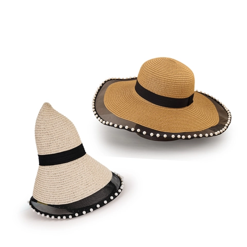 Chapeau De Paille À Bord Large Pour Femme Avec Bordure En Maille Et Künstliche Perles Protection Solaire Plage Été Élégant