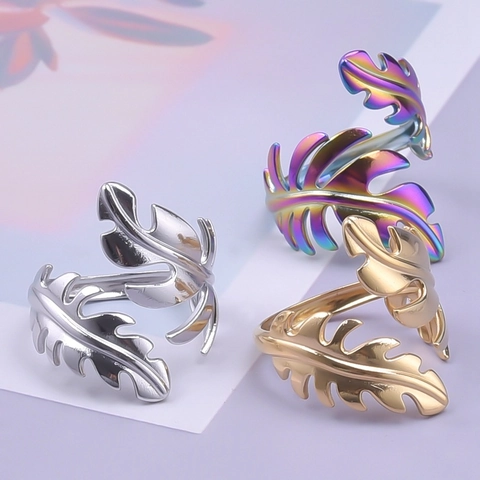 304 Stainless Steel Leaf Adjustable Ring Minimalist Nature Feather Open Finger Jewelry For Women Men