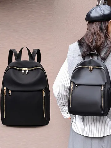 Moda Mujer Mochila Nailon Gran Capacidad Multi Bolsillo Casual Viaje Estilo Simple Cremallera Dorada Mochila Ligera