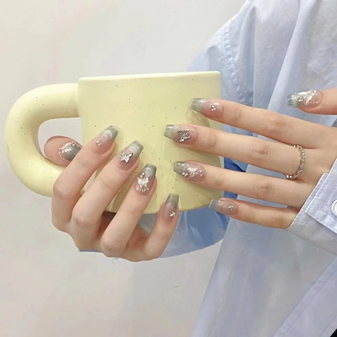 Handmade Press On Nails French Cat Eye Gradient Blue With 3D Silver Butterfly Artificial Pearl Rhinestone Coffin Shape Elegant