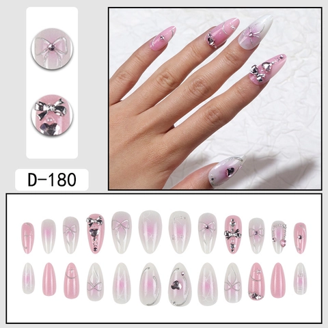Press On Nägel Rosa Weißer Farbverlauf Mit 3D Silberner Schleife Künstliche Perlen Strass Mandel Künstliche Fingernägel Süßer Stil