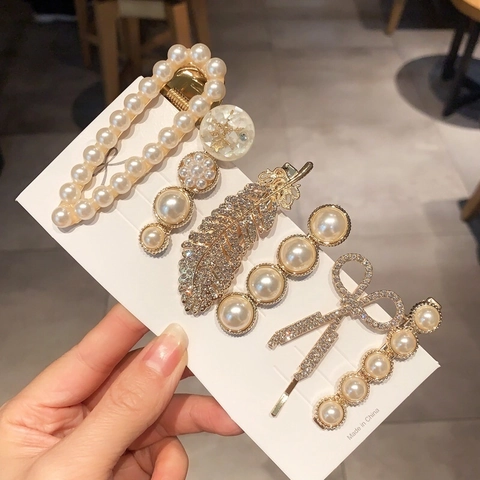 Hair Clips Alloy Faux Artificial Pearl Rhinestone Korean Style Floral Bear Bow Heart Geometric Bangs Accessories Women Girls