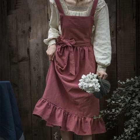 Vintage Ruffle Hem Apron Pure Cotton Solid Color Waterproof Florist Baking Pinafore Dress For Women French Pastoral Style